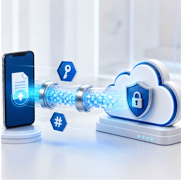 A medical report encrypted while moving from a phone to cloud storage