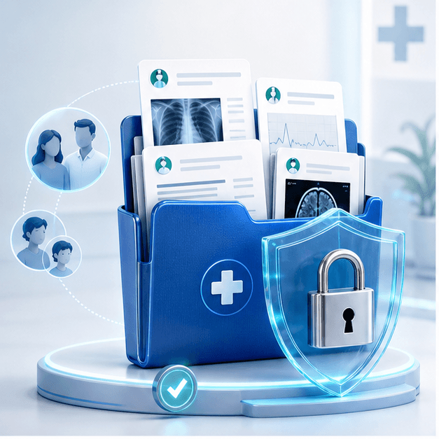Medical reports protected by a shield and lock